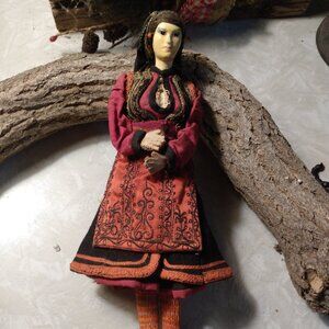 Vintage Folk Art Albanian Costume Doll on Wooden Stand 9"